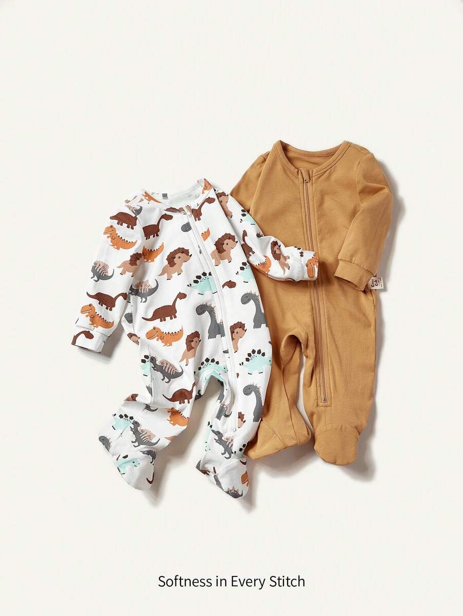 Cozy Pixies Set a juego de mameluco de manga larga sólido con diseño de dinosaurio y cuello redondo para niño recién nacido con pies