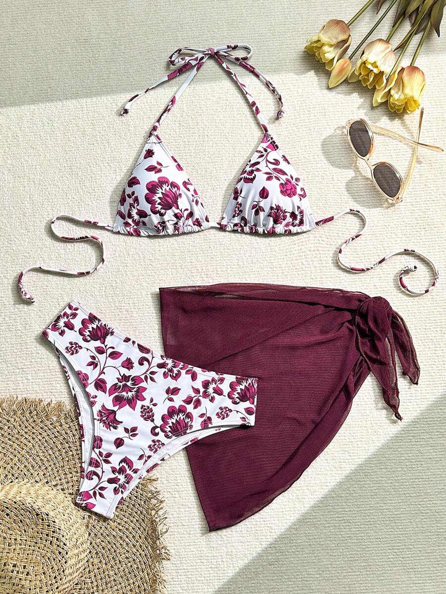 Swim Mod 3-Piece Women Separated Floral Print Bikini Set With Halter-Neck Top, Swim Bottom And Tie-Side Swim Skirt, Random Print, Summer Beach