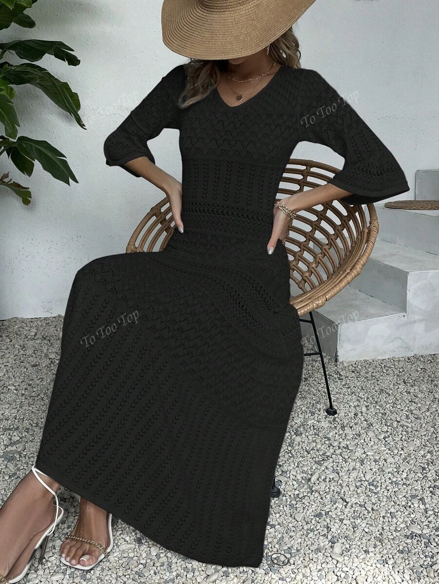 Floral V-Neck Midi Dress, Casual Cover-Up For Vacation, Women, Spring Summer, With Ruffled Sleeves And Hollow-Out Design (Floral Print Random)