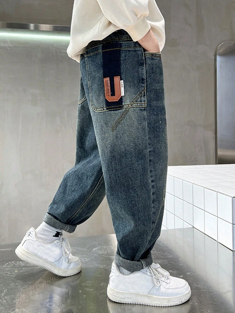 Tween Boys' Patched Slant Pocket Washed Tapered Jeans