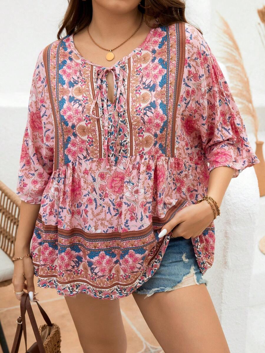 Breezaya Vintage Printed Shirt For Vacation, Plus Size With Tie-Front Peplum Top