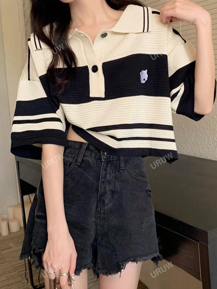 Women's Summer Color Block Drop Shoulder Loose Casual Polo Collar Knit Top