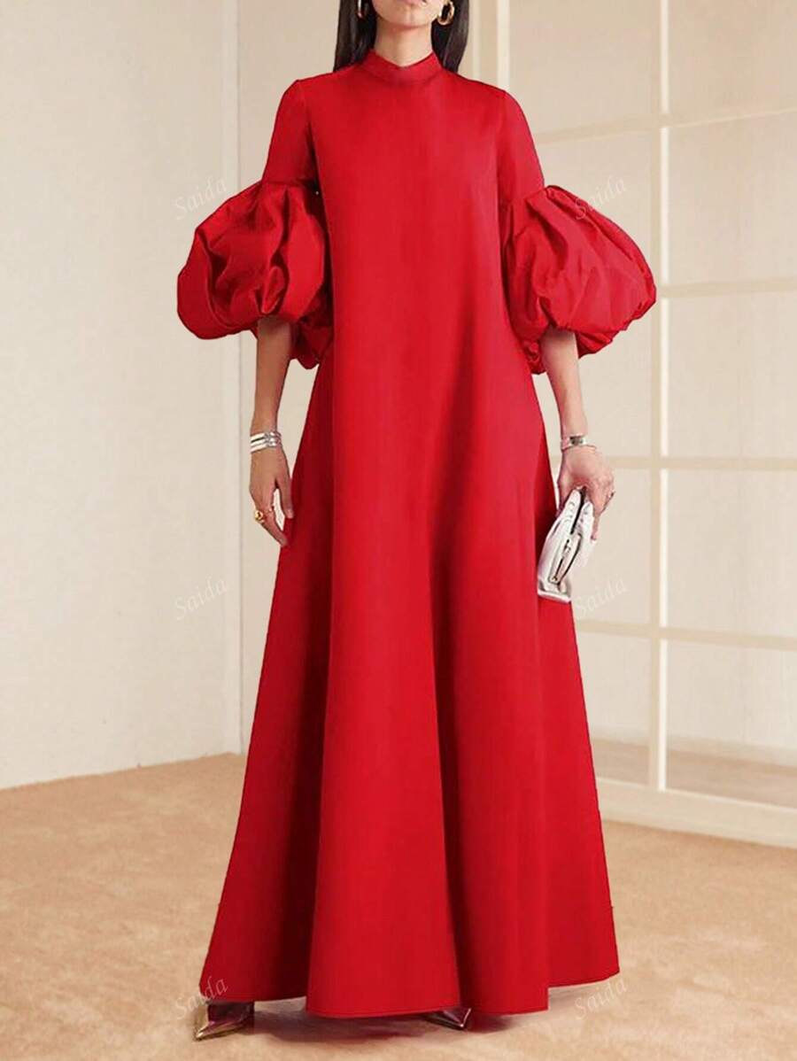Women's Stand Collar Solid Color Lantern Sleeve Elegant Maxi Dress, Wedding Guest Dress Party Dress Formal Dress Evening Dress,Gown