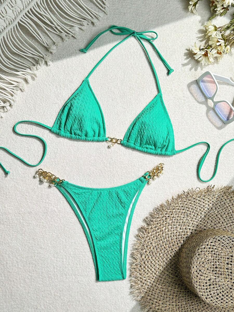 SHEIN Swim Women Solid Color Halter Neck Bikini Set With Separated Briefs For Vacation,Summer Beach