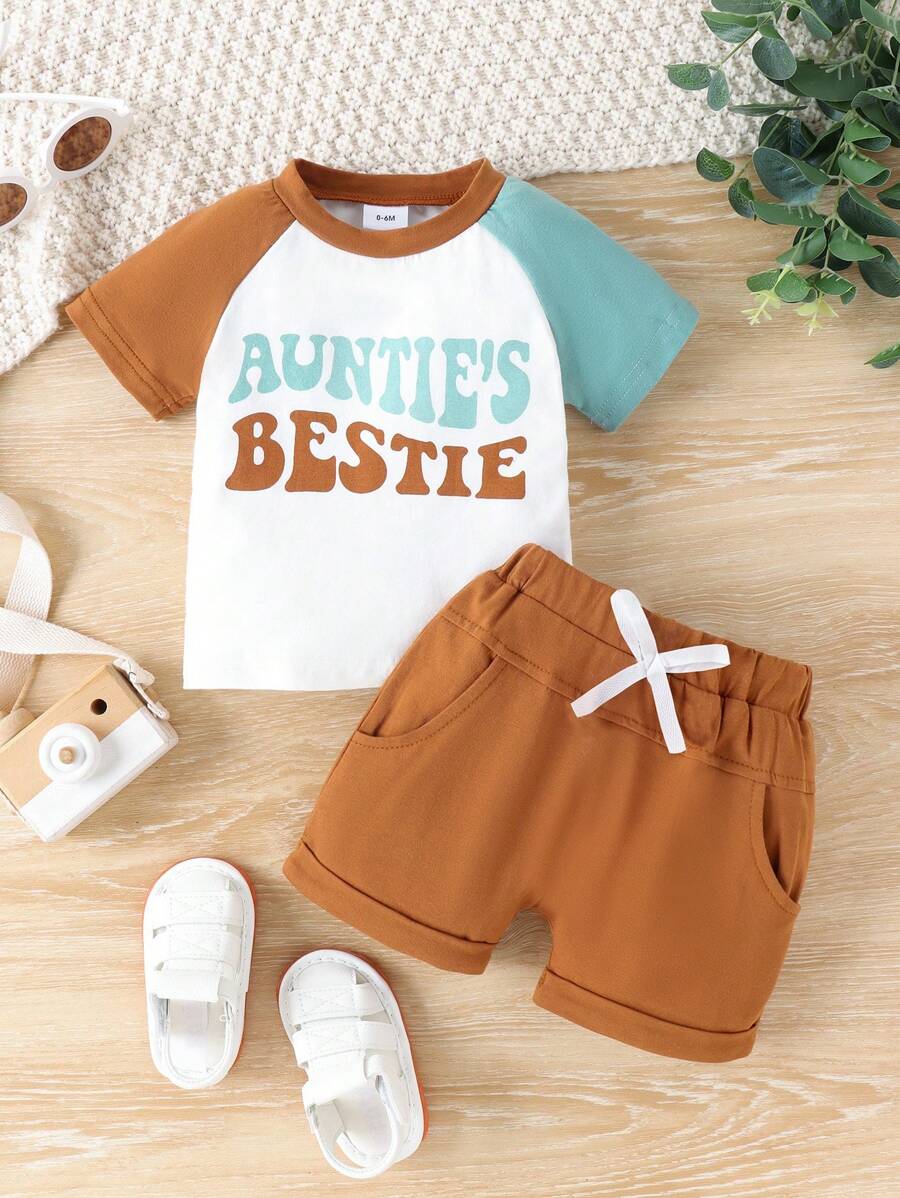 Baby Boy's Letter Print T-Shirt With Pocket And Shorts Set, Spring/Summer