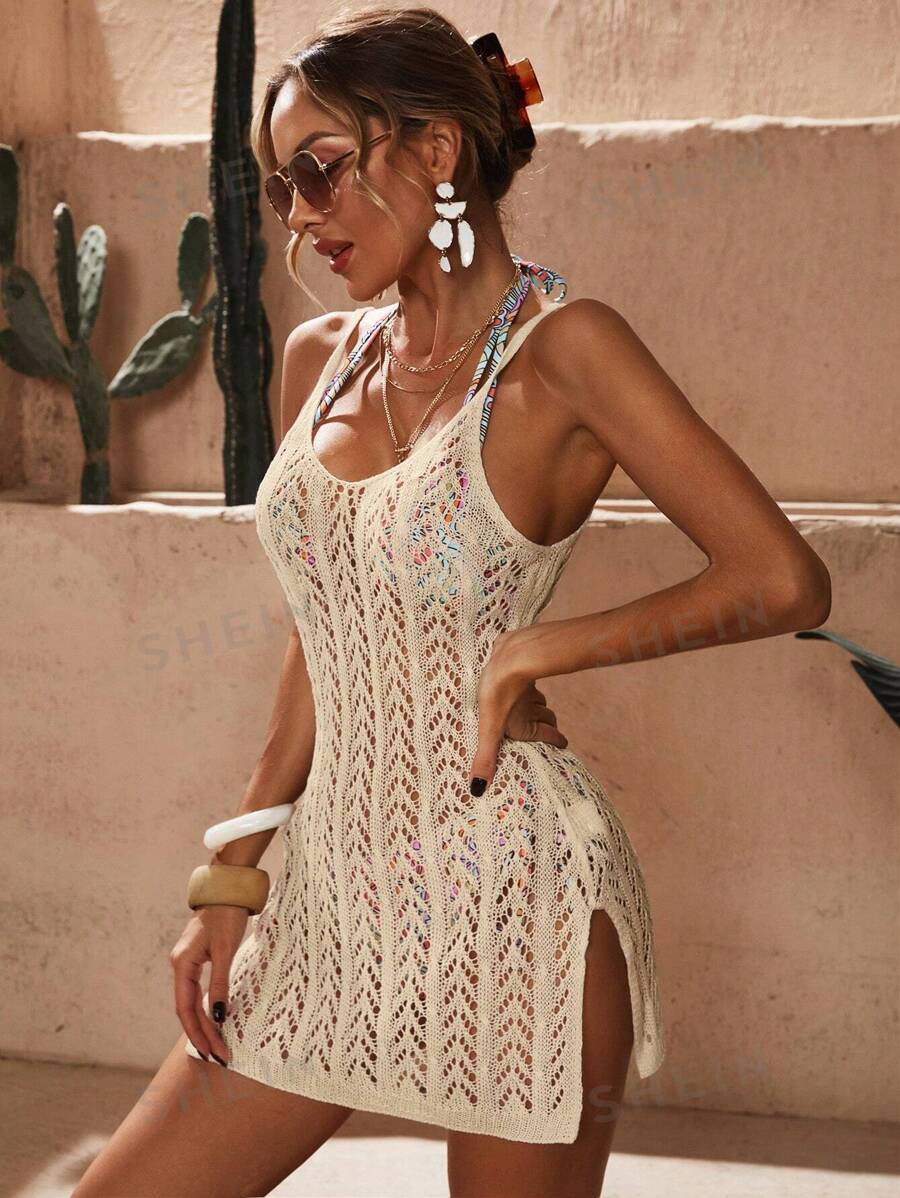 Swim Vcay Conjunto de ropa de playa para mujer, atuendo veraniego para mujer, vestido de playa calado con abertura, de moda