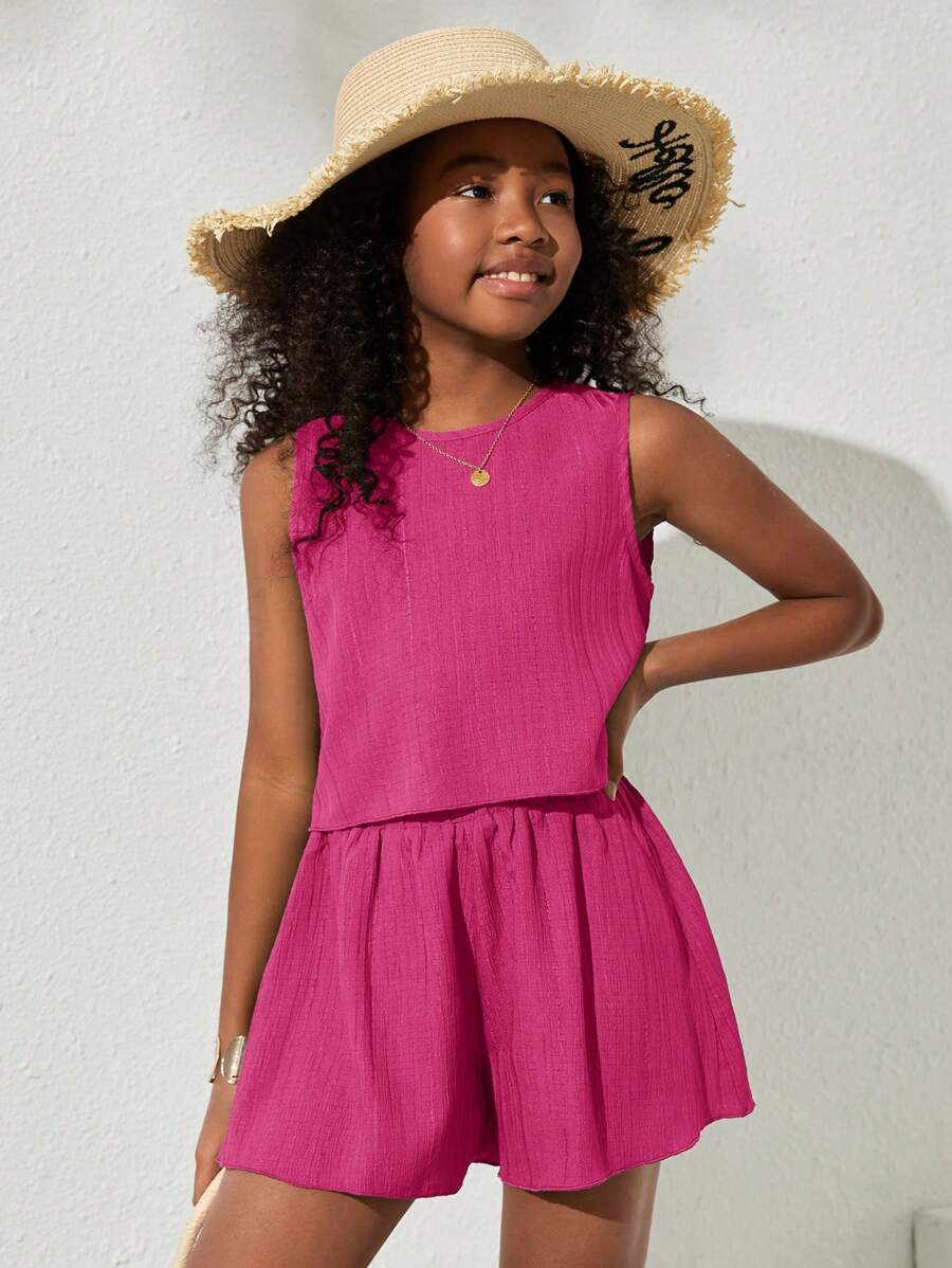 SHEIN Conjunto de top y shorts sin mangas tejidos de color sólido para niña adolescente para uso diario en primavera y verano