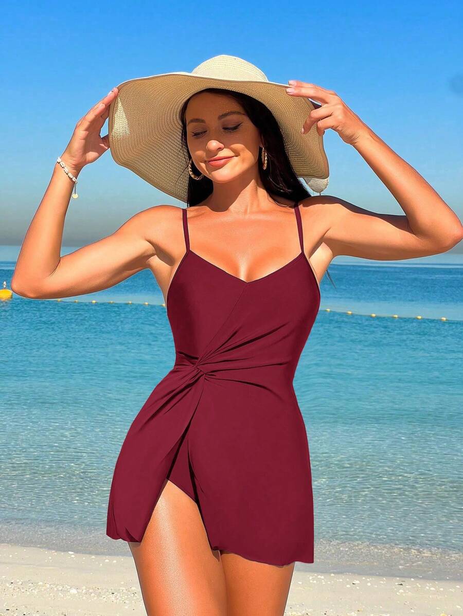SHEIN Swim Letnia plażowa damska jednoczęściowa sukienka kąpielowa ze skręconym węzłem w talii i paskiem na wakacje na plaży