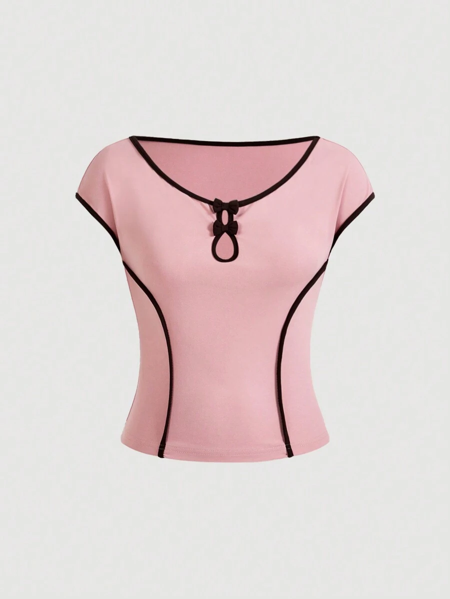 SHEIN MOD Women Casual T-Shirt With Round Neck, Cap Sleeves And Bow Decor