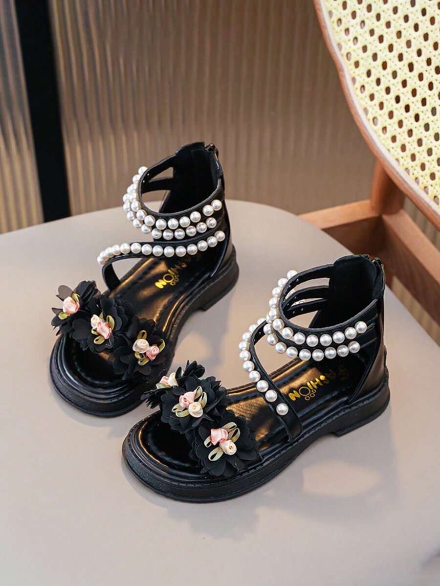 Platte kindersandalen voor meisjes, bloemenprinsesschoenen, parelschoenen voor kleine kinderen, grote kindersandalen met ritssluiting aan de achterkant en dikke platformhoge sandalen