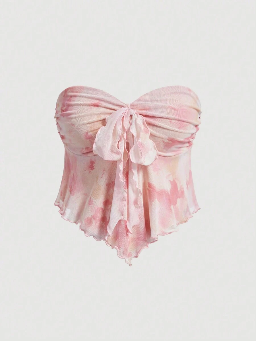 SHEIN MOD Pink Ombre Print Front Knot Elastic Mesh Women Bandeau Top