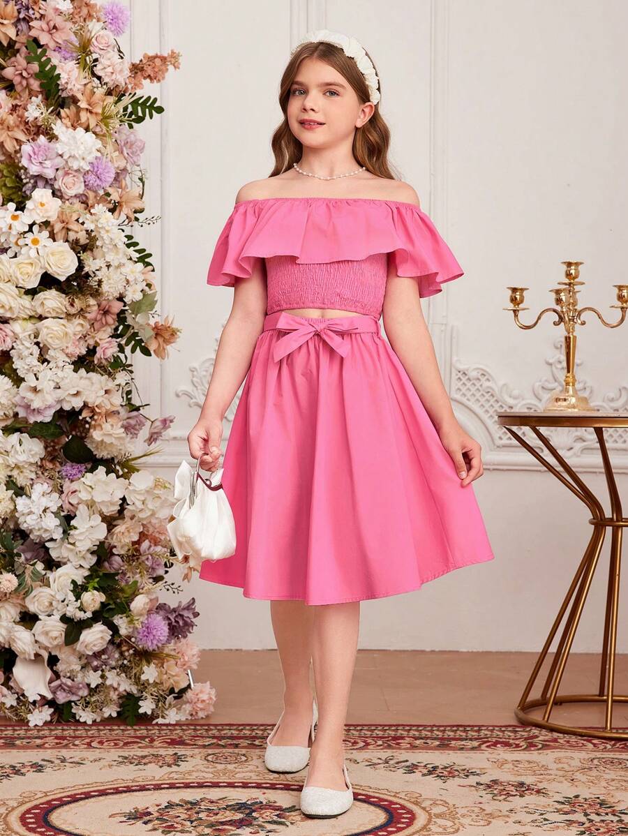 SHEIN Conjunto de Top sem Alça e Saia tecido de cor sólida para menina adolescente, lindo e fofo para a primavera/verão