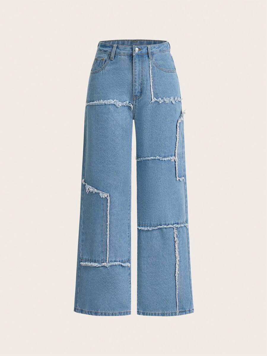 SHEIN MOD Women Fashionable And Versatile Spliced Design Frayed Edge Long Denim Pants