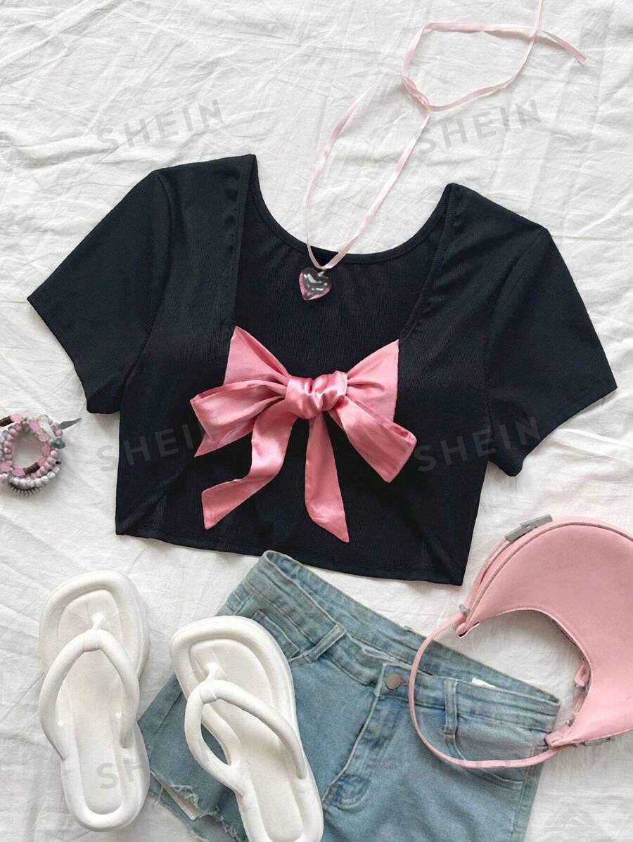 Dreamara Camiseta Sexy Recortada Con Diseño De Nudo De Lazo De Bloque De Color Negro Para La Espalda De Talla Grande Para El Verano