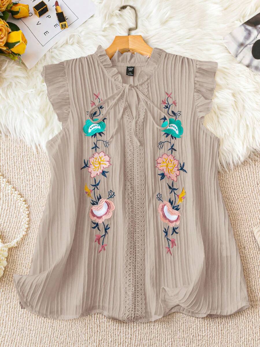Breezaya Chemise d'été bohème sans manches grande taille avec bretelles, design de broderie florale pour blouse de voyage en vacances