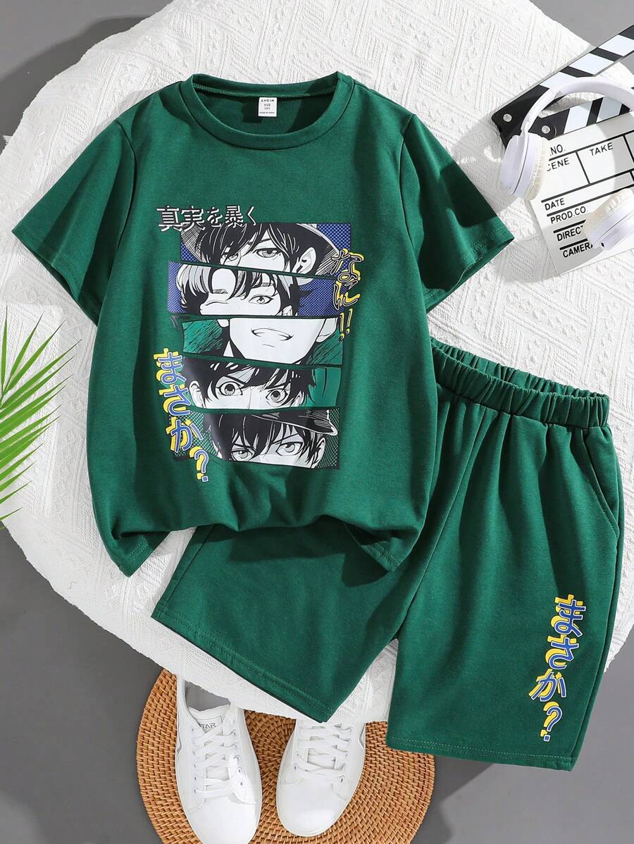 Conjunto De Camiseta De Manga Curta Folgada E Shorts Com Estampa De Desenhos Animados Para Meninos, Estilo Casual Para Jovens, Gola Redonda