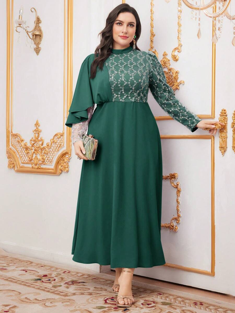 Modelyn Plus Size Embroidered Mesh Contrast Sequin Stand-Up Collar Dress Long Evening Dresses