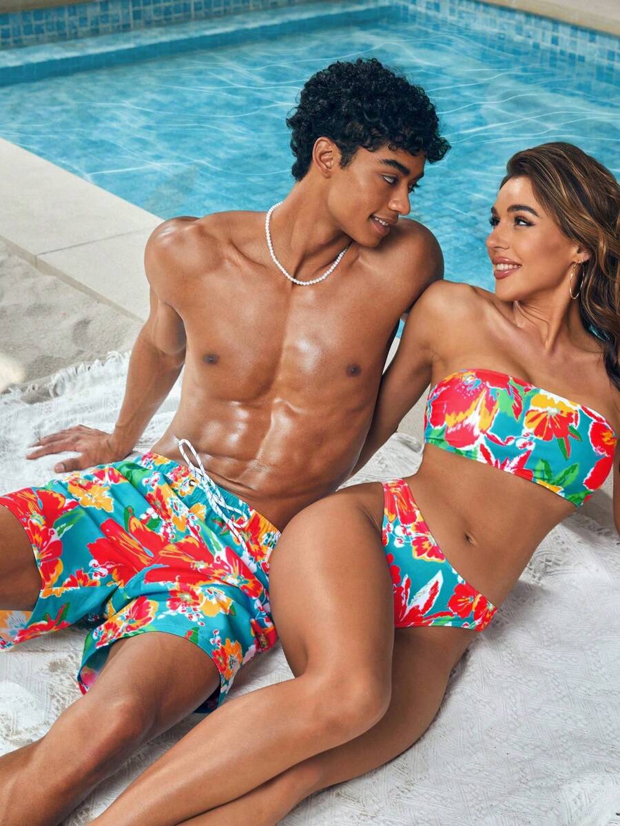 Manfinity VDAYZ 1 pieza Pantalón corto de playa con estampado floral gráfico para hombres, traje de baño a juego para parejas, para la playa, vacaciones, hawaiano