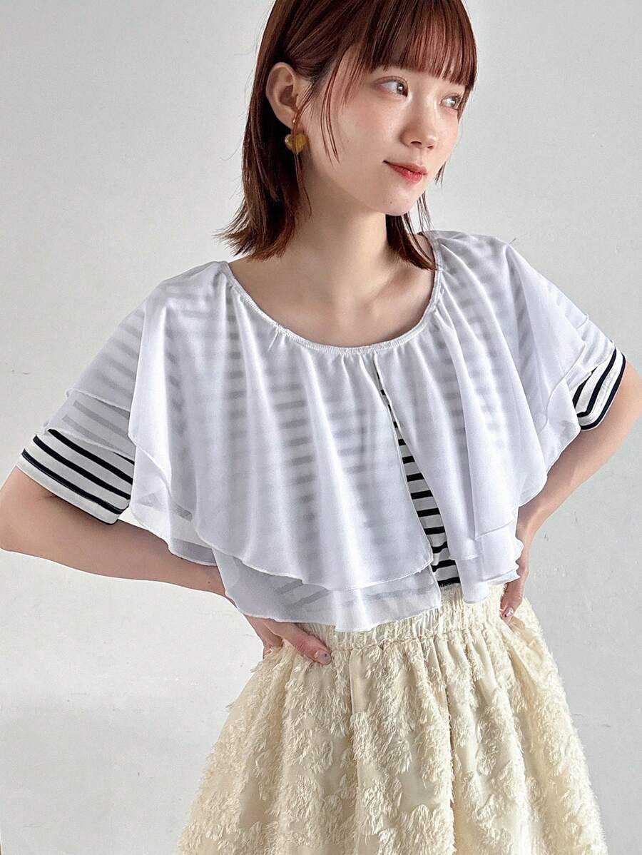 FRIFUL Camiseta de rayas con cuello con volantes de moda para mujeres