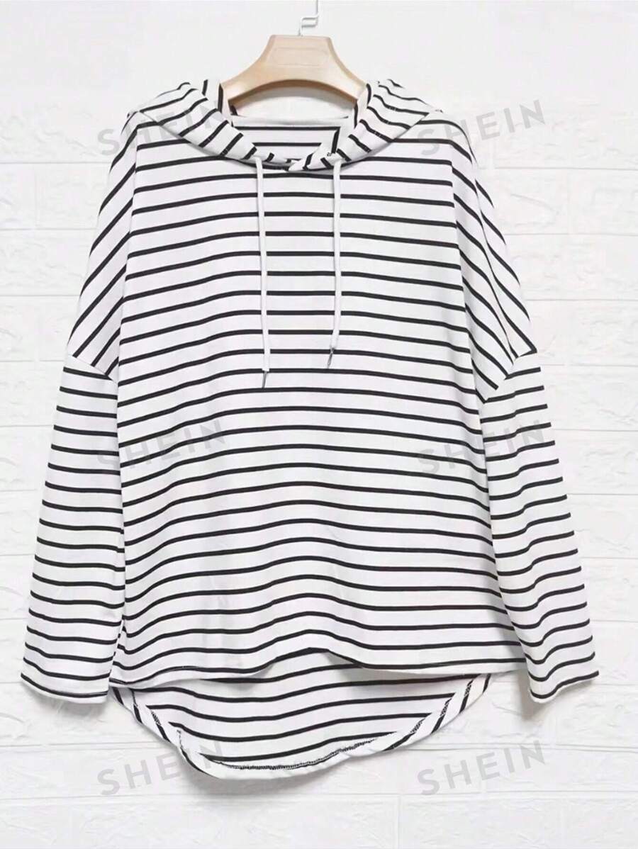 INAWLY Sudadera con capucha grande de talla para mujeres con rayas, hombro caído, manga larga holgada para primavera y otoño