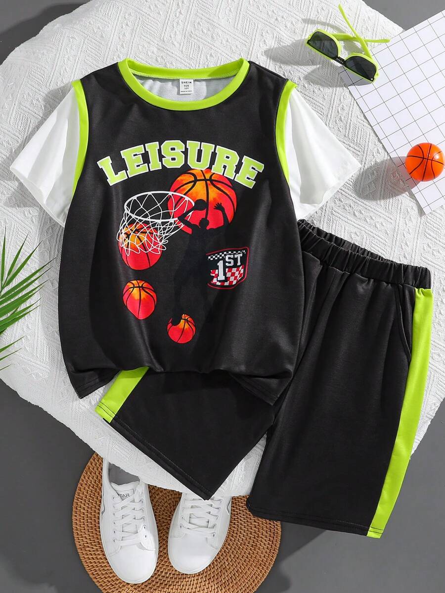 SHEIN Boys' Loose Sports Round Neck 2 In 1 Pattern Short-Sleeved T-Shirt Shorts Two-Piece Set