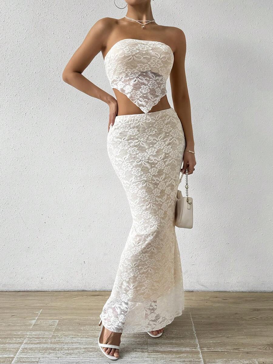 Chiquease Two-Piece Set For Women Summer: Asymmetrical Lace Strapless Top And Fish Tail Skirt