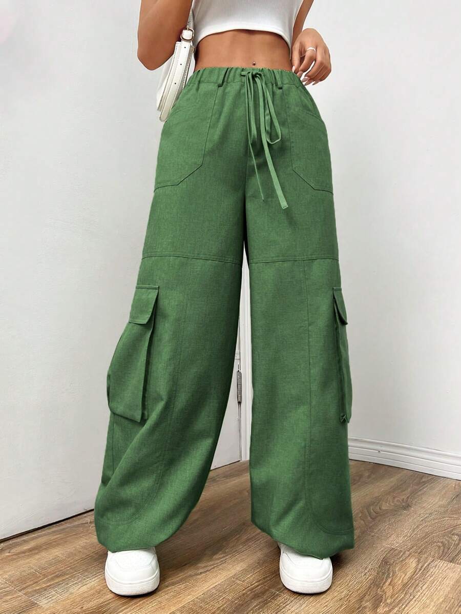 SHEIN EZwear Ladies" Plain Drawstring Waist Wide-Leg Cargo Pants With Loose Fit