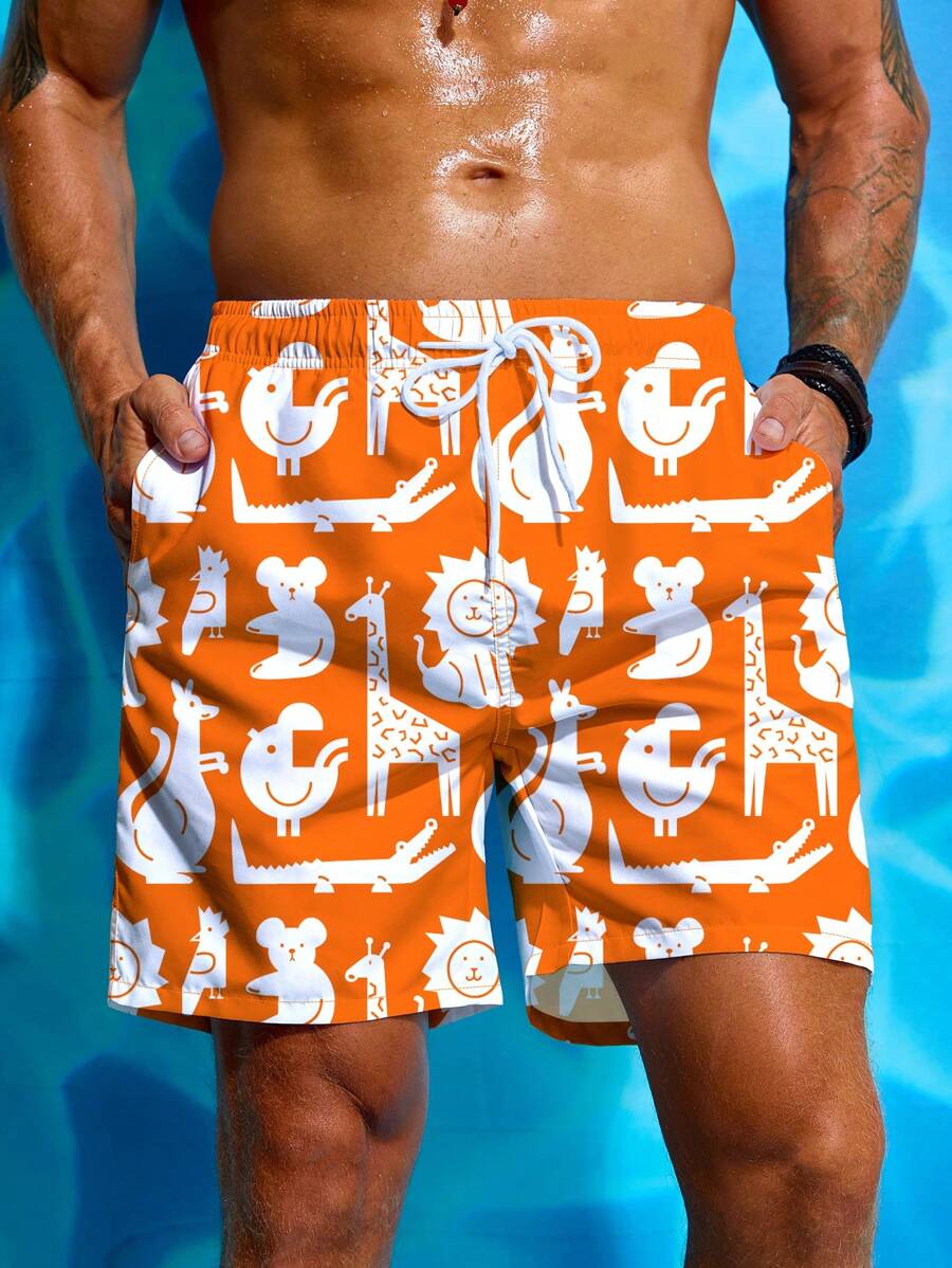 Manfinity Pantaloni scurți de plajă cu imprimeuri animale pentru bărbați, vacanță de vară