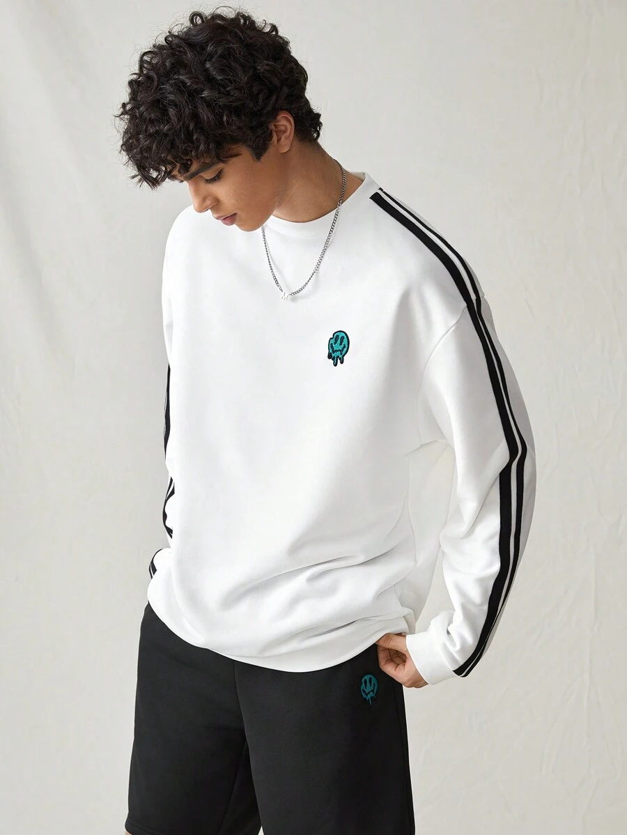SWAVVY Sweat-shirt à manches longues, col ras du cou, style décontracté avec blocs de couleurs et rayures pour hommes. Couleur blanc, bloc de couleurs graphique. Idéal pour les amis, le mari, le petit ami