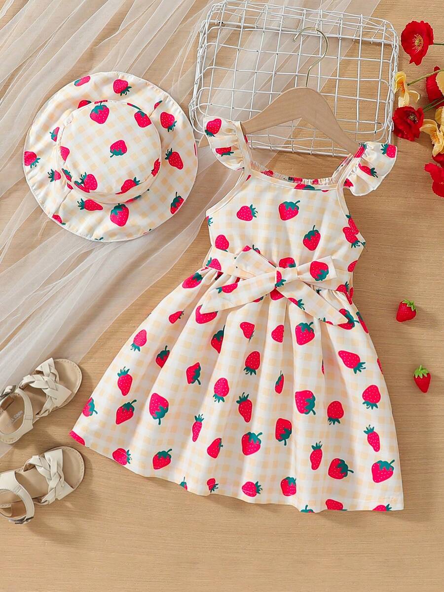 SHEIN Vestido colorido de comprimento médio com impressão de morango de dopamina para meninas jovens, estilo A para o Dia das Crianças no México, verão