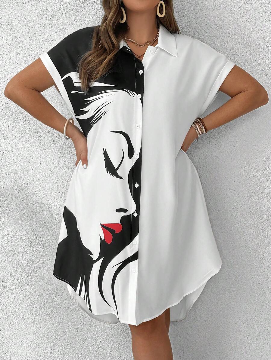 EMERY ROSE Vestido-camisa de manga corta con cuello de botones, con bloqueo de color y vista lateral de labios rojos, talla grande, para el verano