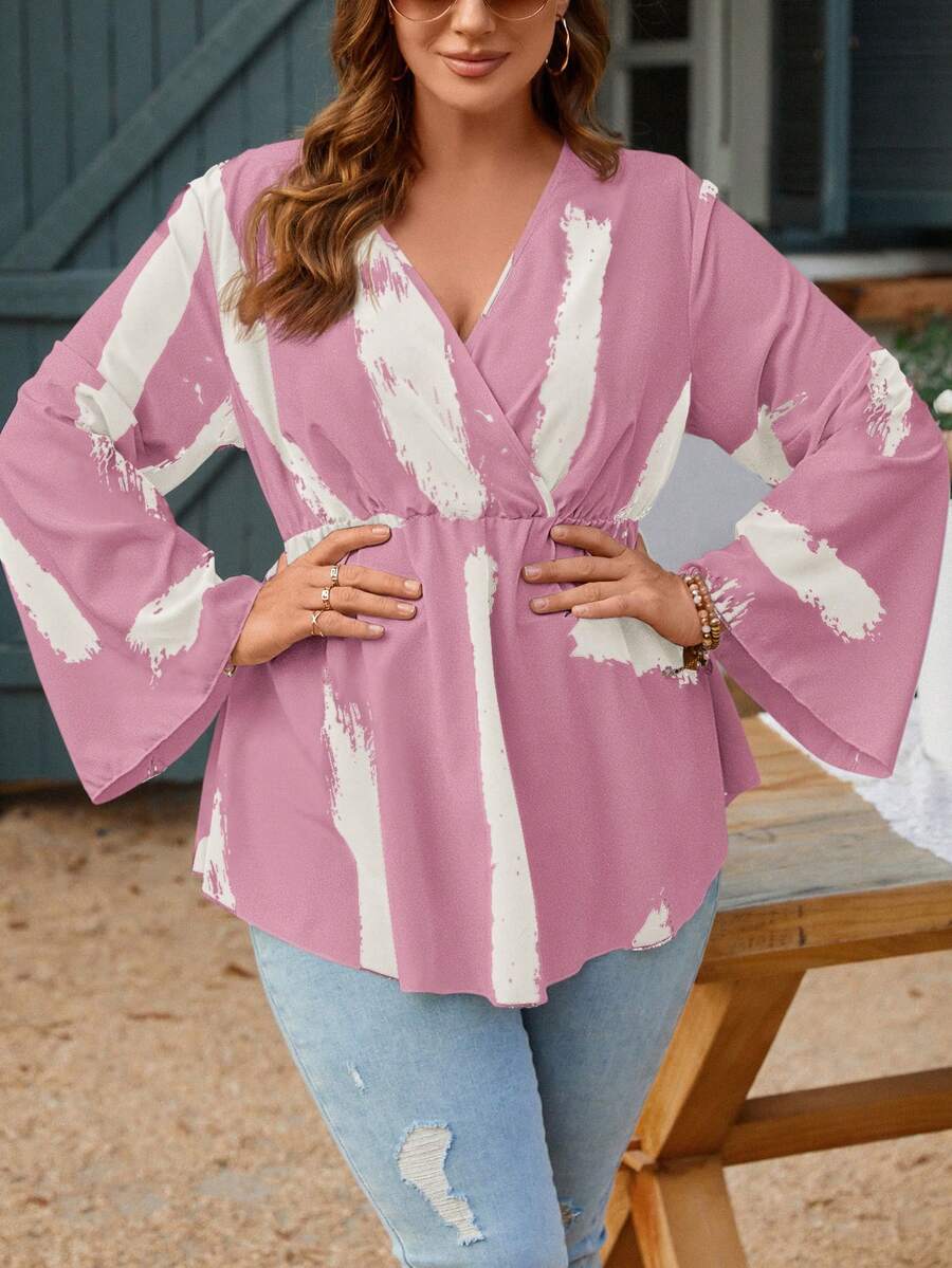 SHEIN Clasi Plus Size Women Brush Printed Loose Fit Shirt With Bell Sleeves For Spring And Summer