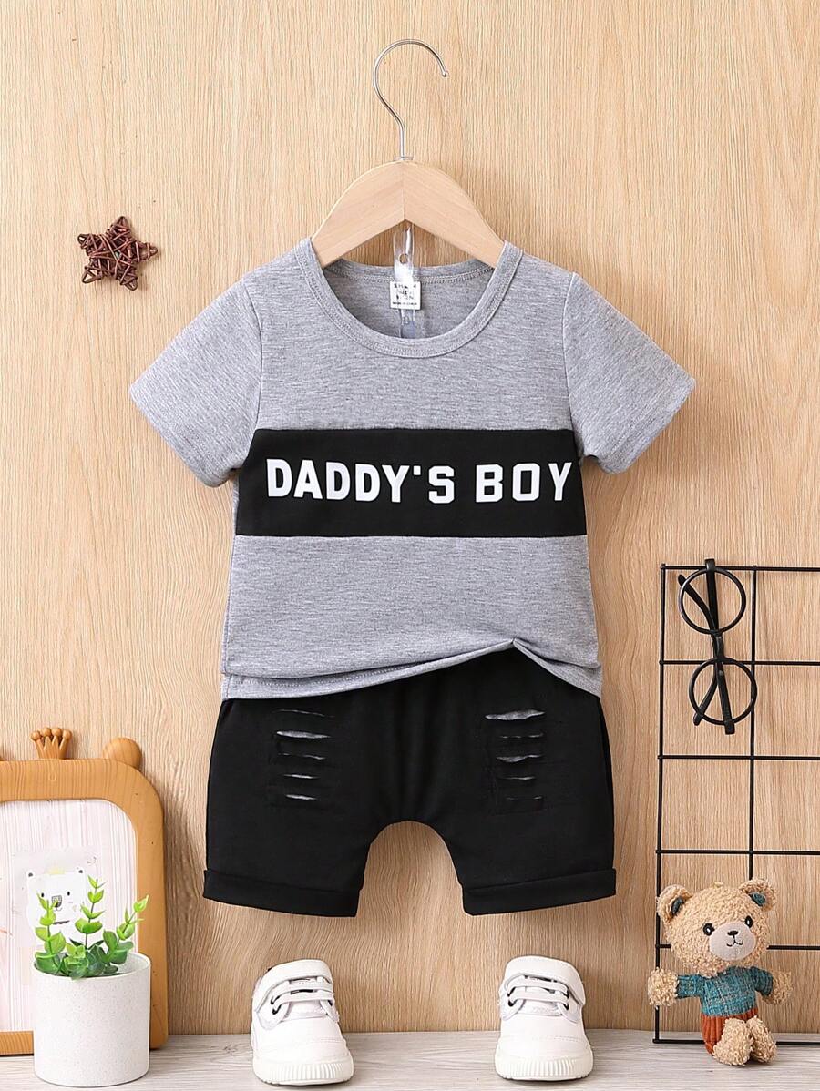Conjunto de camiseta de manga corta y pantalones cortos para bebé niño en verano, casual y con estampado de letras