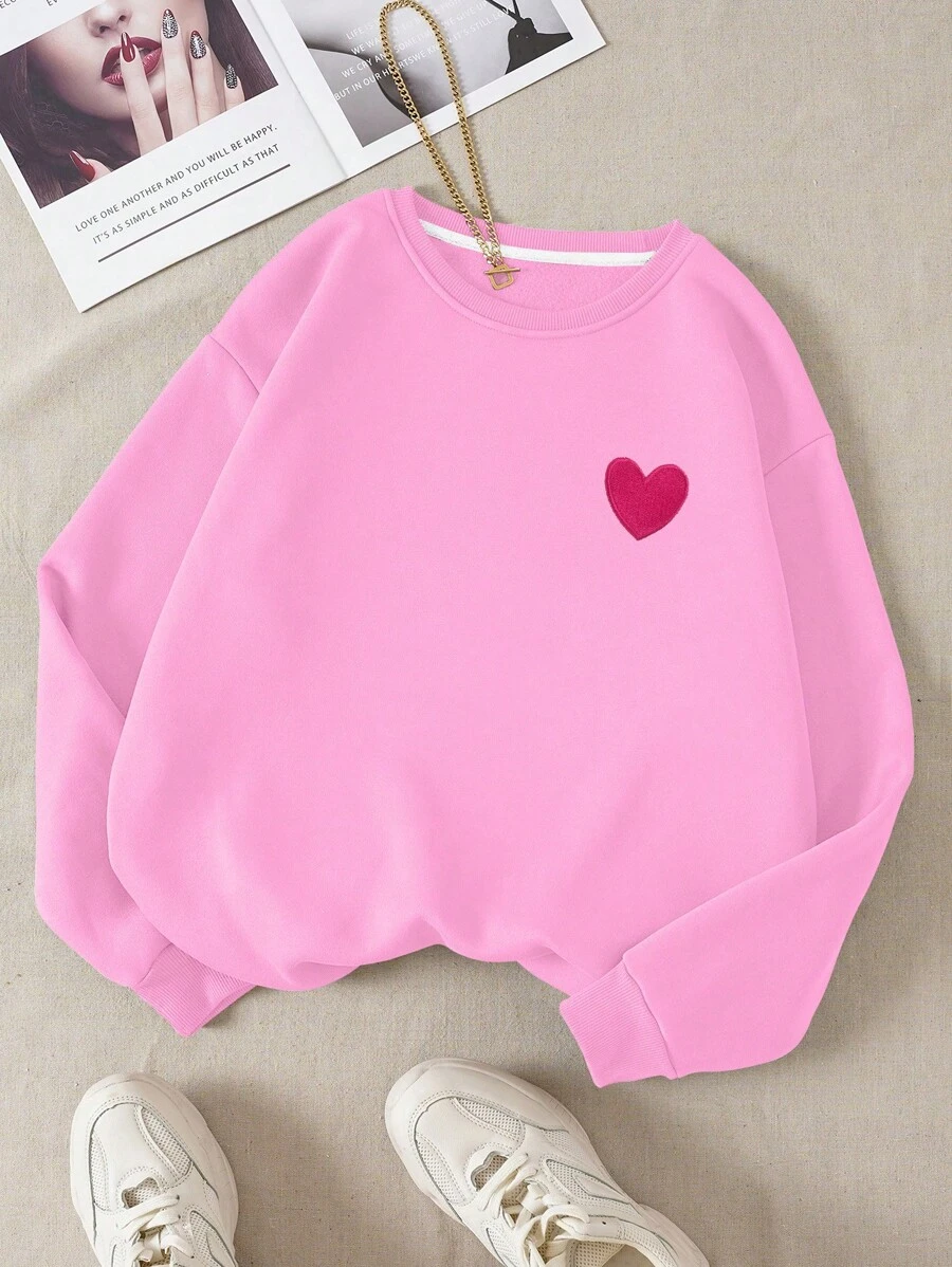 INAWLY Heart Embroidery Round Neck Fleece Sweatshirt Graduation,Back To School Outfits,Graduation,Teacher Outfits For Women,Back To SchoolPulloverFall Outfit