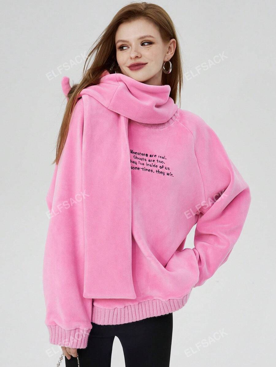 ELFSACK Pink Warm Hooded For Women 2024 Fit In Spring Loose Sweet Style Embroidered Top