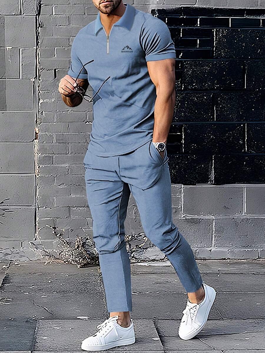 Manfinity Homme Men Mountain Print Short Sleeve Polo Shirt And Long Pants Two-Piece Set