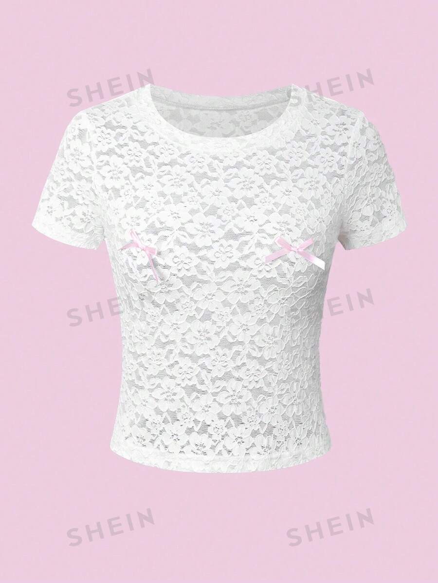 Flirla Top de manga corta decorado con encaje de moda para mujer con lazo