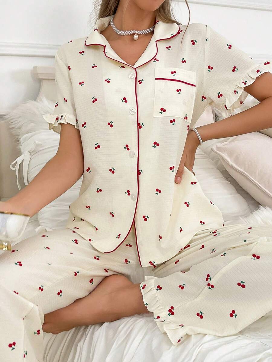 Zweifarbige Paspelierung Revers Kirschblüten Muster Damen Kurzarm Top Lange Hose Pyjama Set