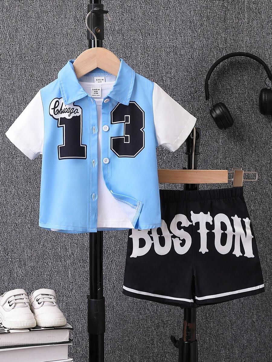 Baby Boy's Color Block Digital Letter Print Short Sleeve Shirt And Shorts Woven Set
