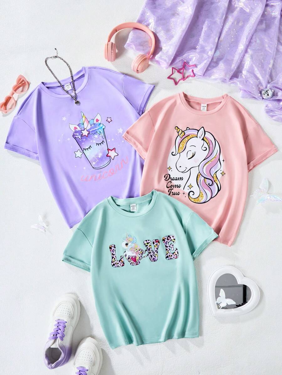 SHEIN Tween Girl Cartoon Unicorn & Letter Print Short Sleeve T-Shirt Combo