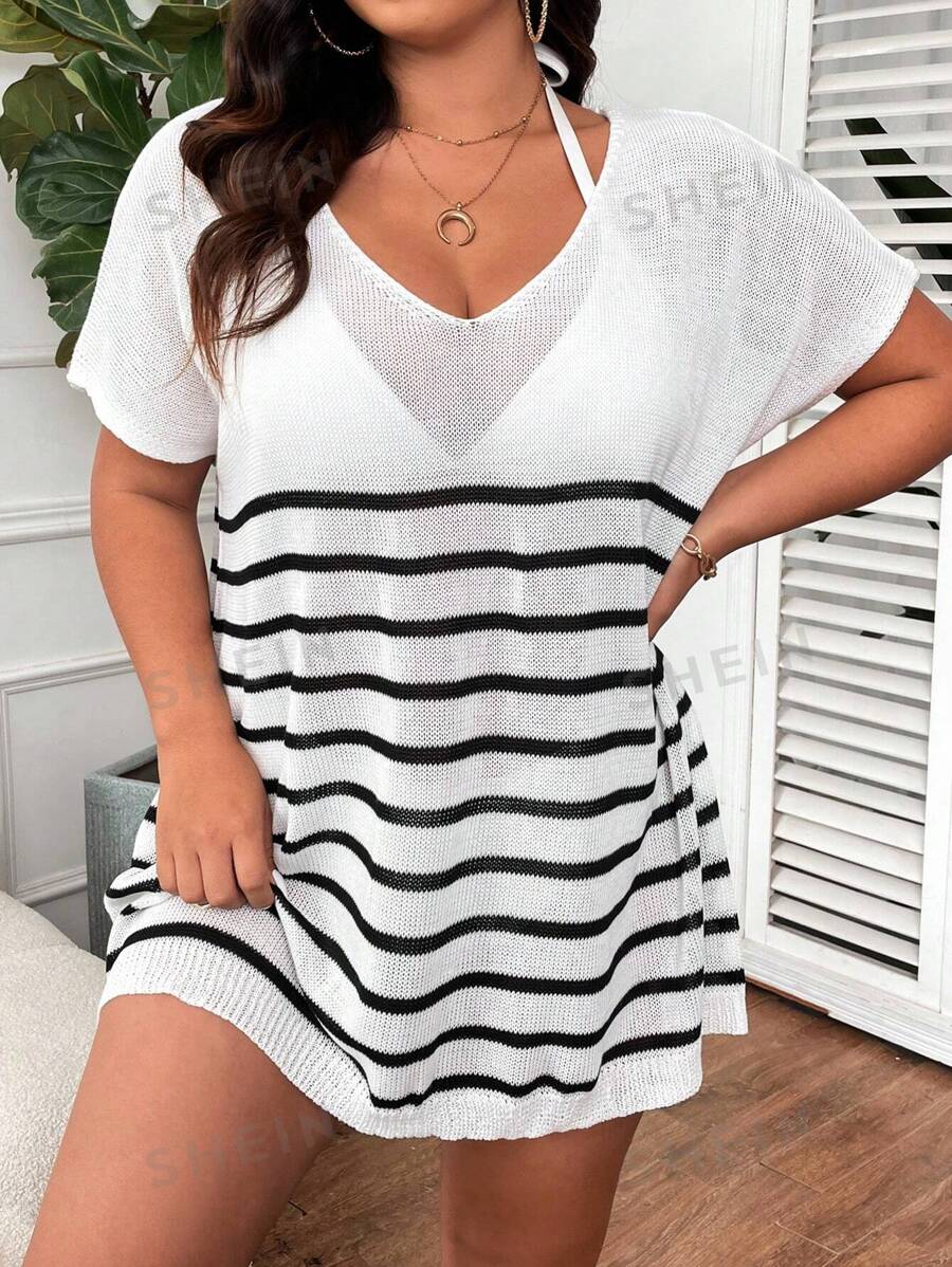 Swim Lushoire Vestido de playa holgado para el verano en tallas grandes con cuello redondo, manga tipo murciélago y rayas