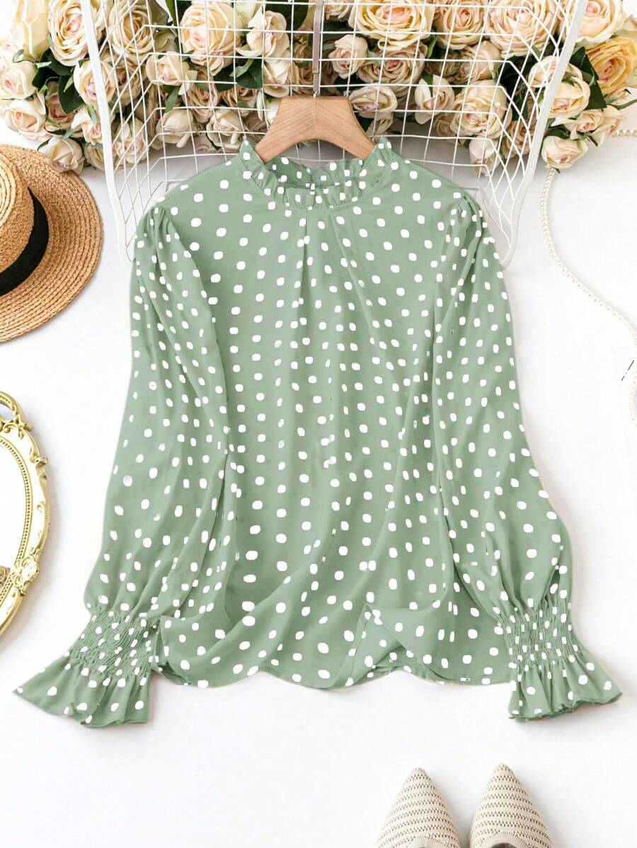 SHEIN Clasi Plus Size Polka Dot Printed Long Sleeve Casual Blouse For Spring And Summer