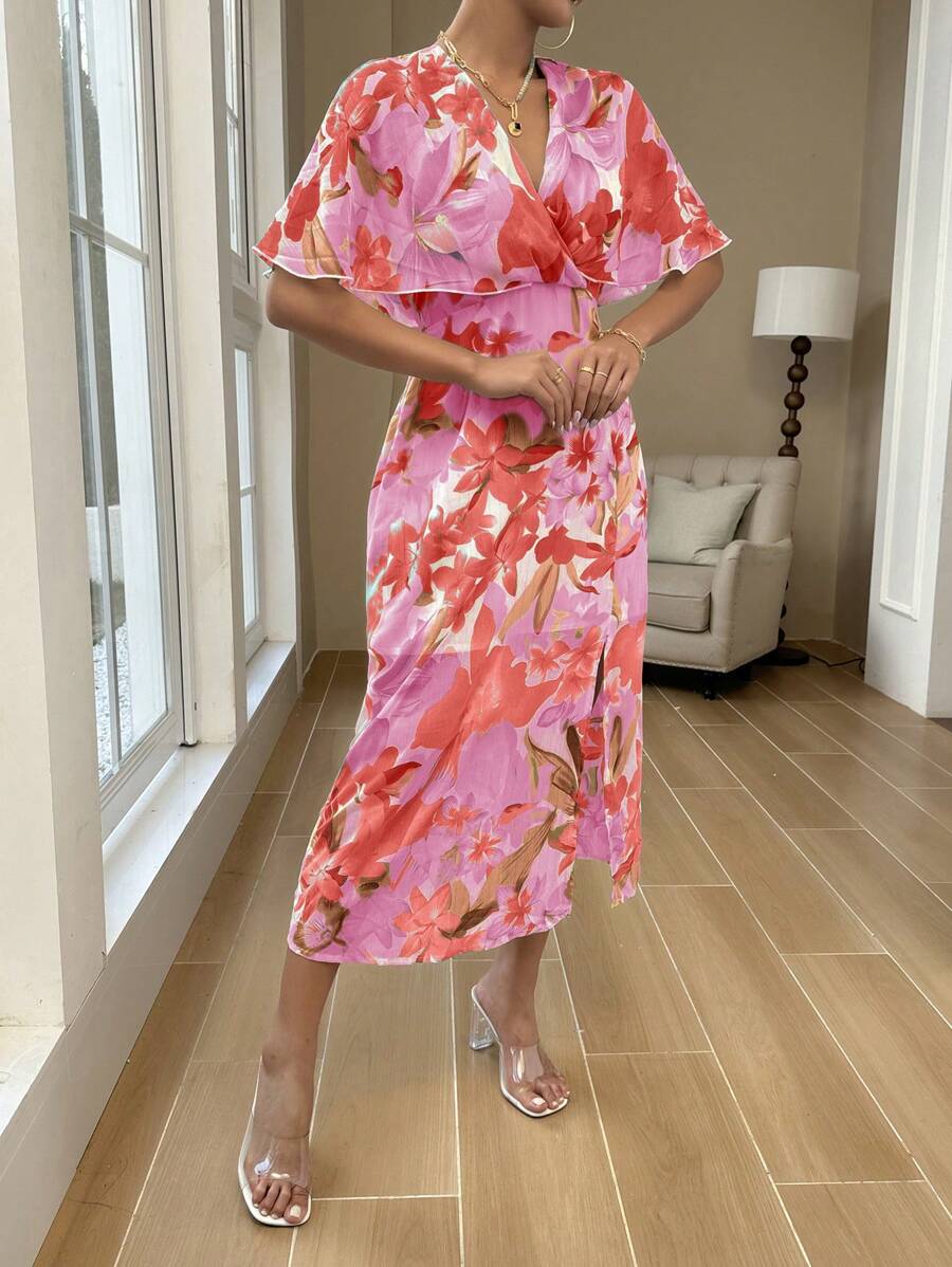 Chiquease Women Summer Floral Print V-Neck Poncho Sleeve Elegant Long Dress With Split Hem