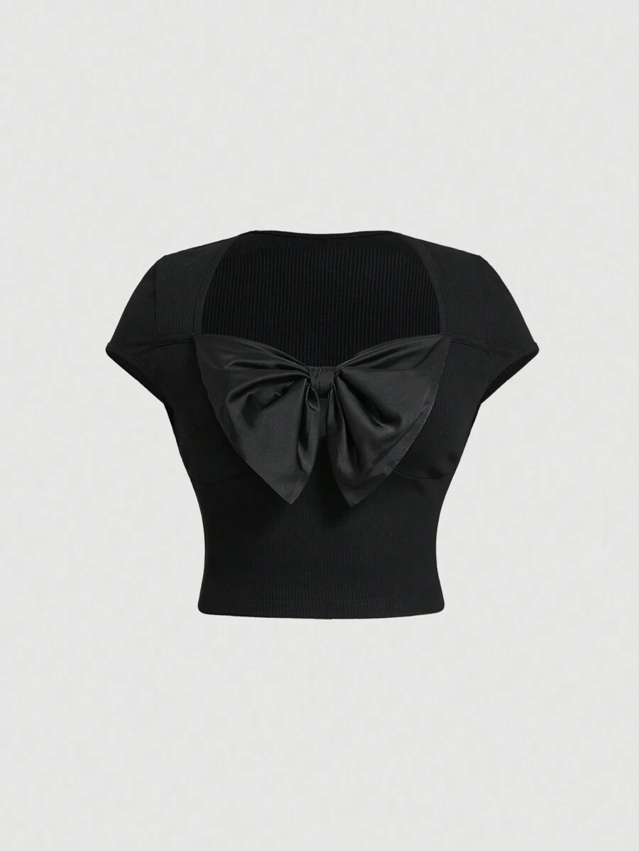 SHEIN MOD Camiseta casual de talla grande y verano para mujeres con lazada romántica en 3D