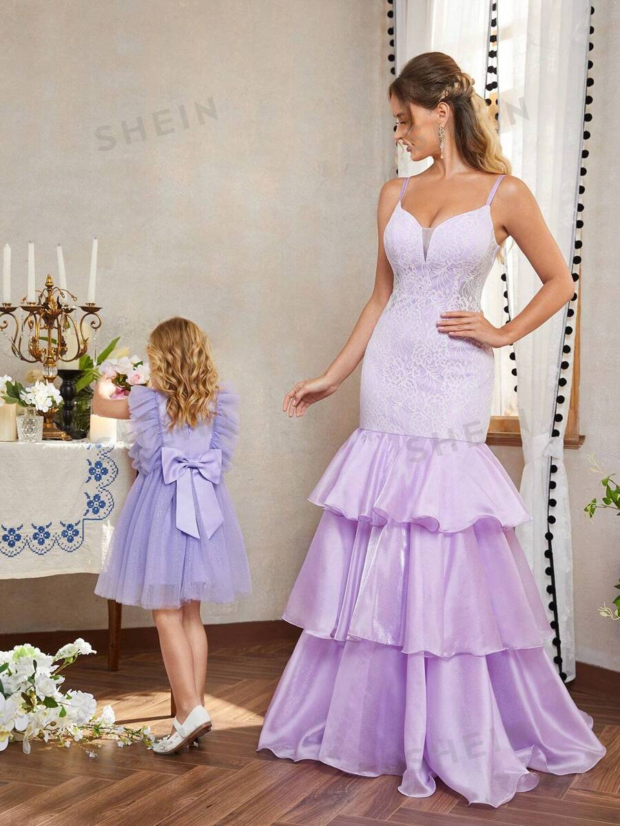 SHEIN Belle Elegante vestido ajustado con diseño de Body de sirena en estilo princesa con copa de pecho con tirantes spaghetti de tela de organza de encaje púrpura y ribetes de volantes de triple capa en el dobladillo y tirantes spaghetti para ocasiones formales de noche adecuado para ropa para padres e hijos para actividades de padres e hijos temporada de bodas temporada de graduación Día de la Madre festival de música fiesta formal de damas vestido de noche prom