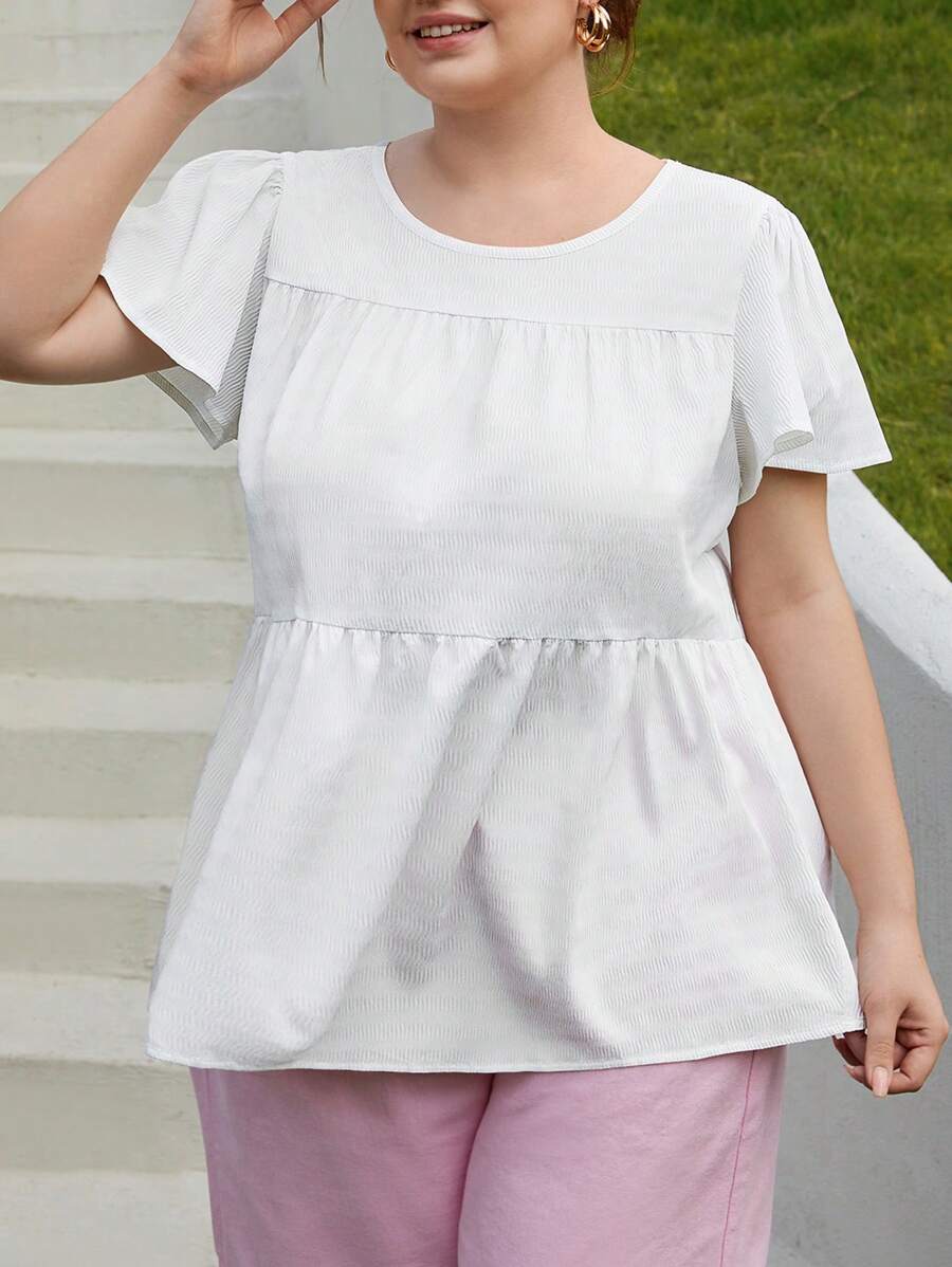 SHEIN Essnce Women Plus Size Round Neck Loose White Shirt With Ruffle Sleeve For Holiday, Date And Casual Occasions