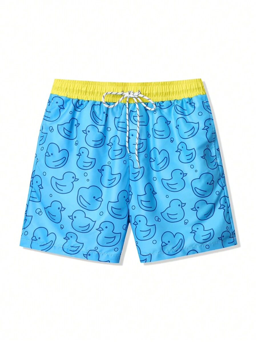 Manfinity Men Color Block Drawstring Cartoon Print Summer Beach Shorts