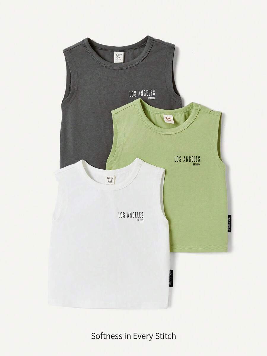 Cozy Pixies Summer Baby Boy 3pcs Set: Sleeveless Wide Strap Round Neck Tee With Decorative Weave Labeling And Letter Pattern Design