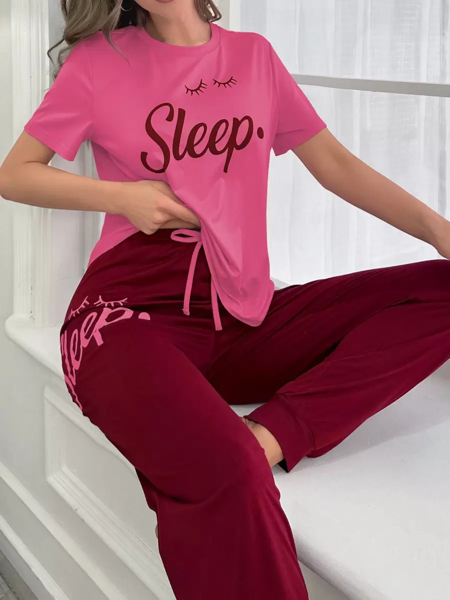 Women Summer Letter Printed Round Neck Short Sleeve T-Shirt And Long Pants Casual Pajama Set