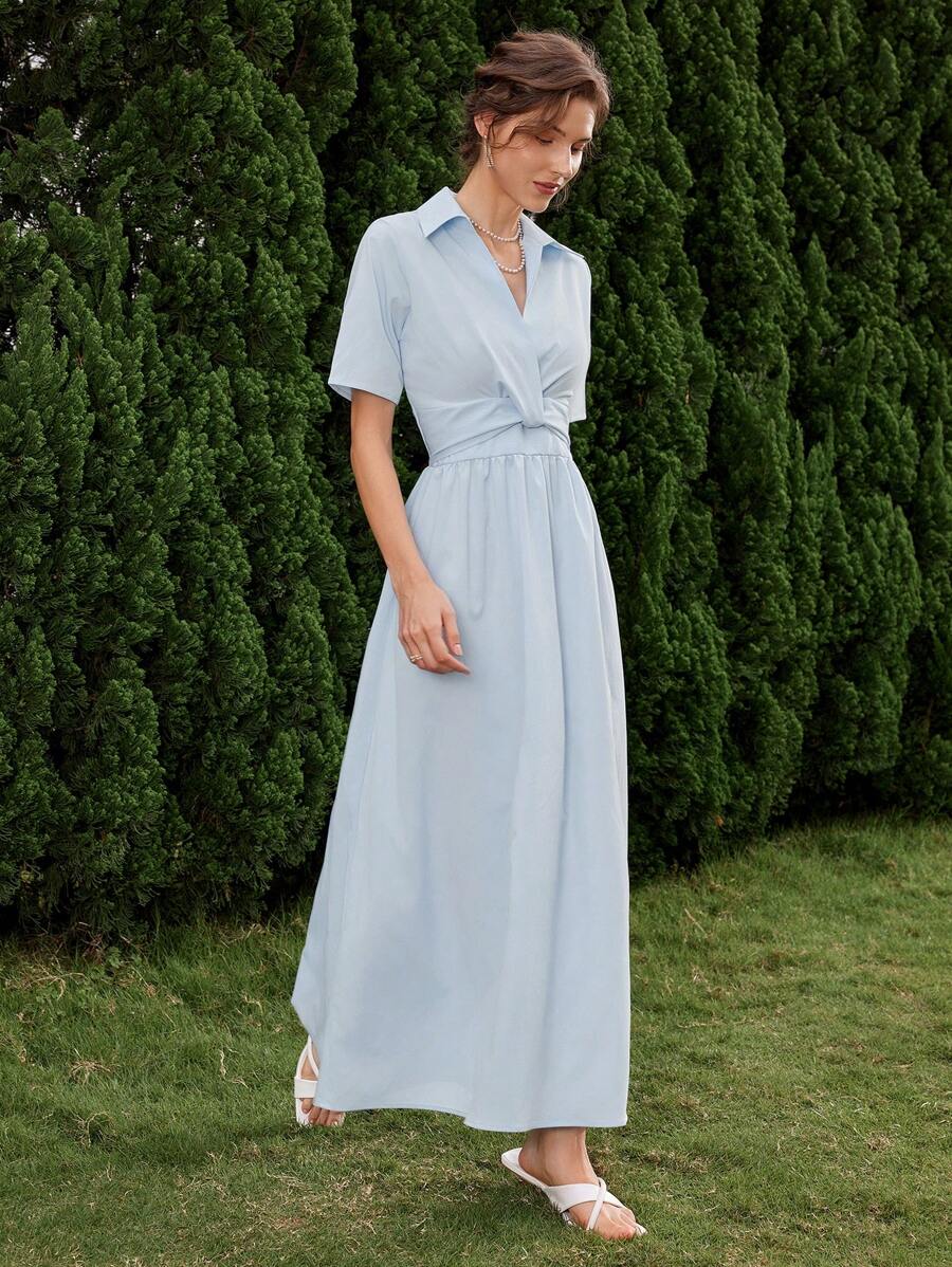 Aveloria Rosie Short Sleeve Solid Color Shirt Collar Women Dress